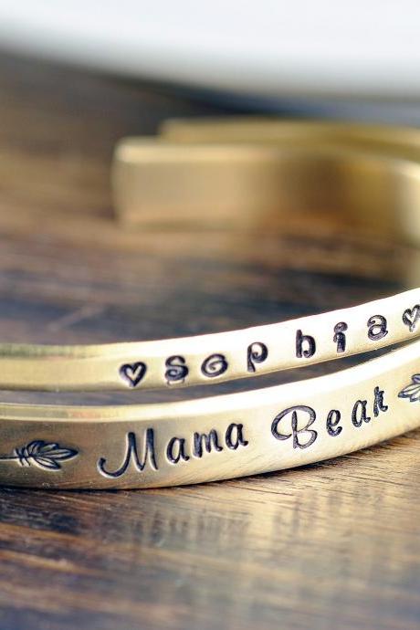 Mama Bear, Custom Cuff Bracelet, Personalized Cuff Bracelet, Mothers Bracelet, Mommy Jewelry, Kids Name Bracelet, Mothers Day Gift