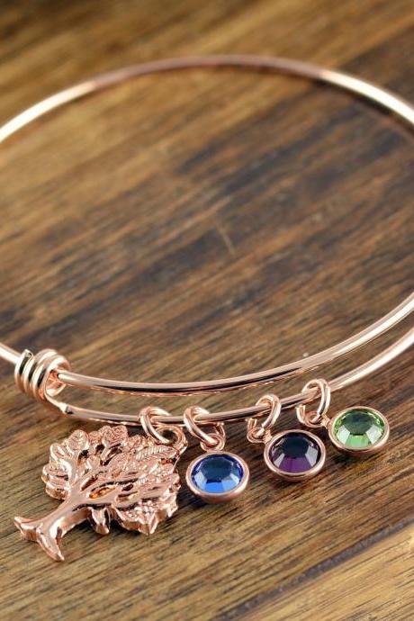 Grandmother Bracelet, Personalized Birthstone Bracelet, Tree of life Charm Bracelet, Mom Bracelet, Rose Gold Bracelet