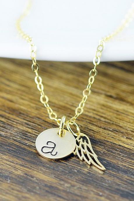 Gold Initial Necklace, Personalized Angel Wing Necklace, Memorial Necklace, Memorial Jewelry, Initial Wing Necklace, Remembrance Gifts