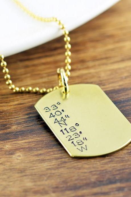 Mens Dog Tag Necklace, Hand Stamped Necklace, Coordinates Necklace, Gift for Boyfriend, Mens Necklace, Mens Jewelry
