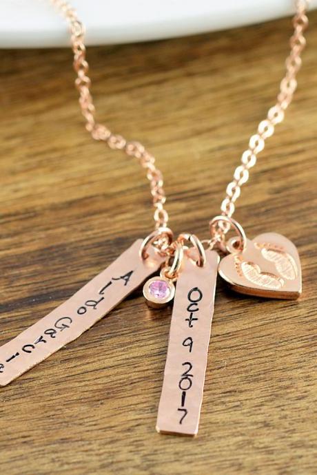 Rose Gold Baby Name Date Necklace, Mommy Necklace, New Mom Gift, Baby Birth Necklace, Mommy and Me, Personalized Baby Name Necklace