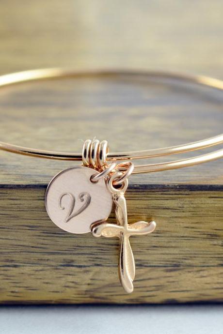 Rose Gold Cross Bracelet -personalized Initial Bracelet, Personalized Hand Stamped Bracelet, Rose Gold Jewelry, Cross Bracelet, Gift For Her