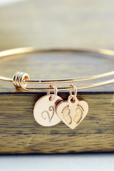 Personalized Initial Bracelet, Mom Gift, Personalized Rose Gold Bracelet, Baby Gift, Baby Feet Charm, Gift For Her