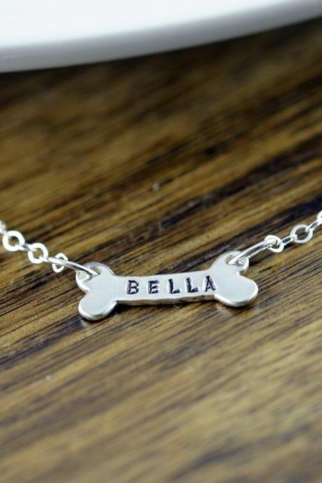 Dog Bone Necklace Personalized With Dog Name. Pet Jewelry Gift For Her, Hand Stamped, Silver Jewelry, Sterling Silver Dog Necklace