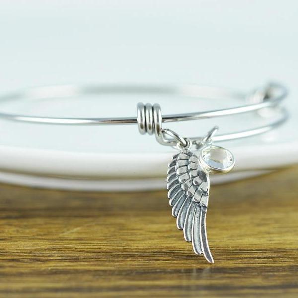 Silver Angel Wing Bracelet, Angel Wing Jewelry, Angel Wing Bangle Bracelet, Memorial Jewelry, Sympathy Gift, Birthstone Bracelet