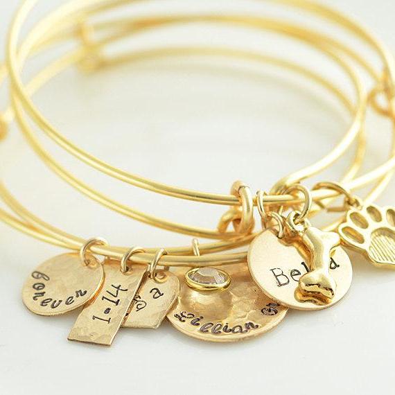 Personalized Bangle charm bracelet, hand stamped love bracelet, womens jewelry, Alex and Ani inspired