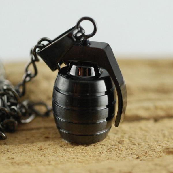 Black Grenade Necklace, Mens Hand Grenade Pendant Necklace on Luulla