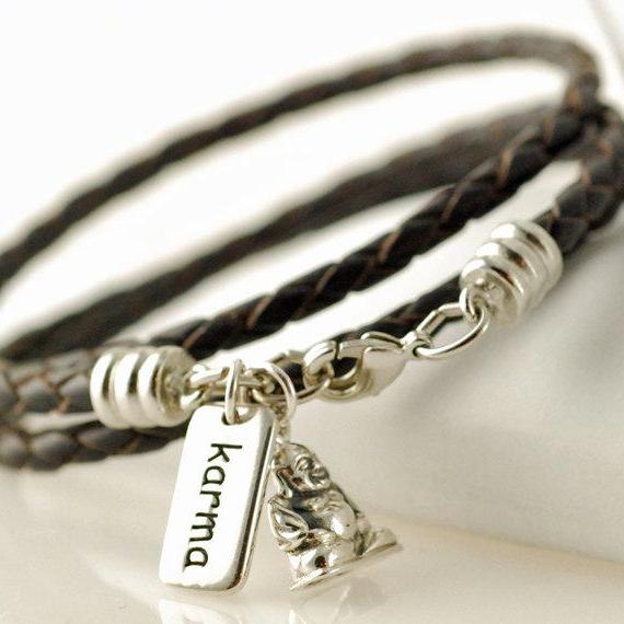 Womens bracelet, leather cord wrap, happy buddha charm, karma personalized tag, womens jewelry