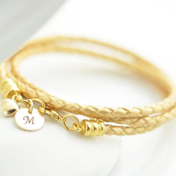 Personalized bracelet,Personalized jewelry,bridal jewelry, hand stamped initial, leather bracelet,14k gold initial disc, heart charm
